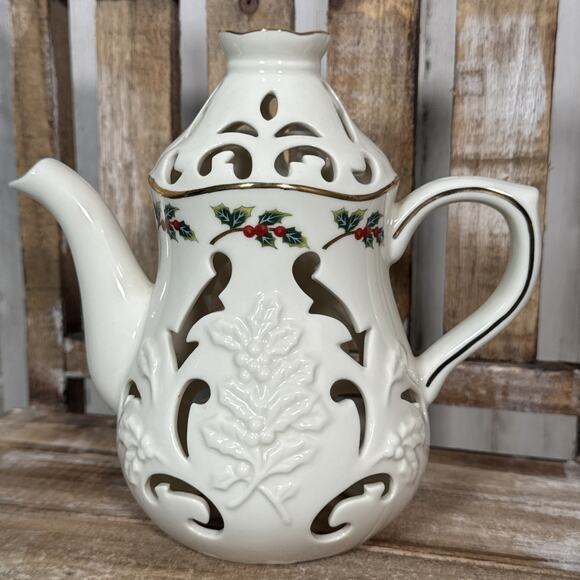 Partylite Christmas Holly Teapot Tealight Holder - Picture 1 of 7